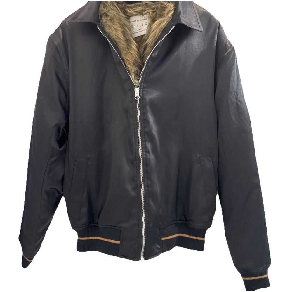 URBAN OUTFITTERS Fur Lined Bomber Jacket Women‎ Varsity Black Satin Zip Front XS